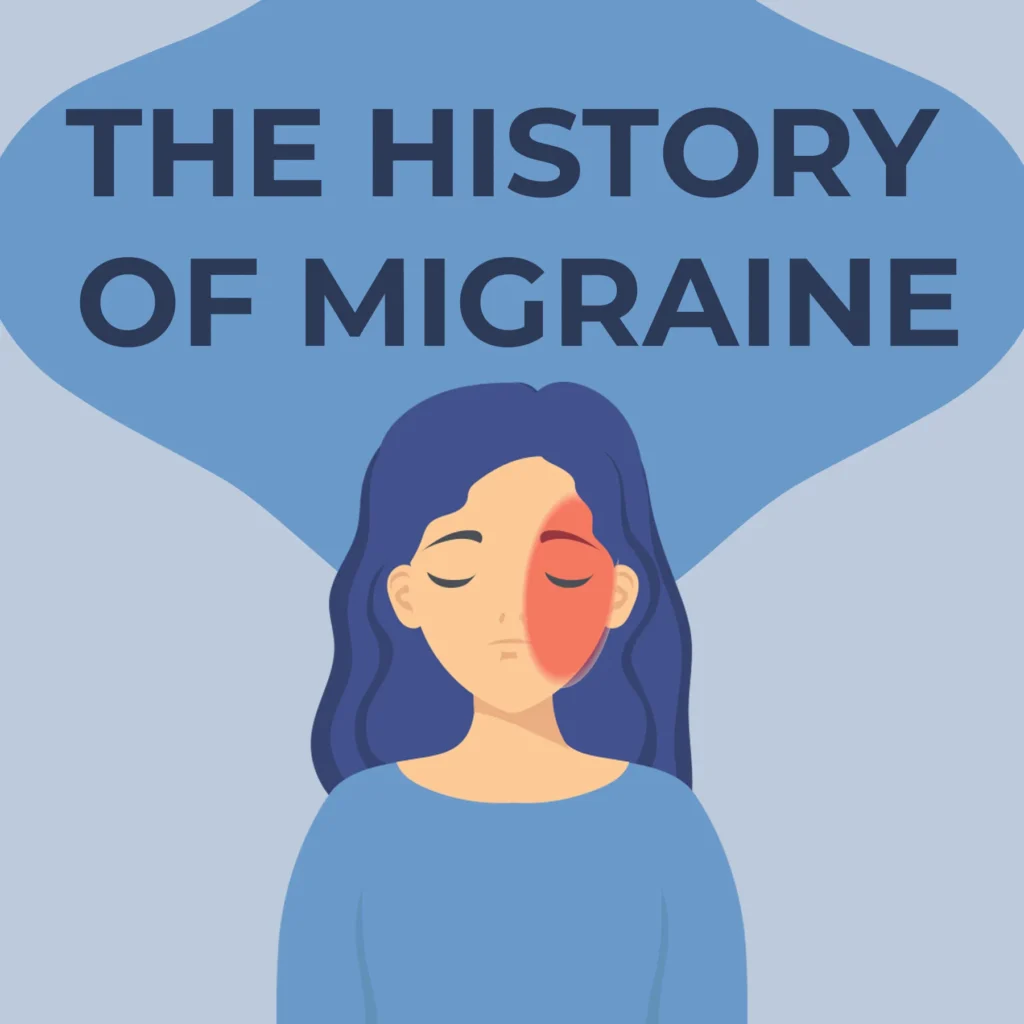an illustration of a woman with a red spot on her forehead titled "the history of migraine"