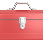 a red toolbox with a silver handle on a white background