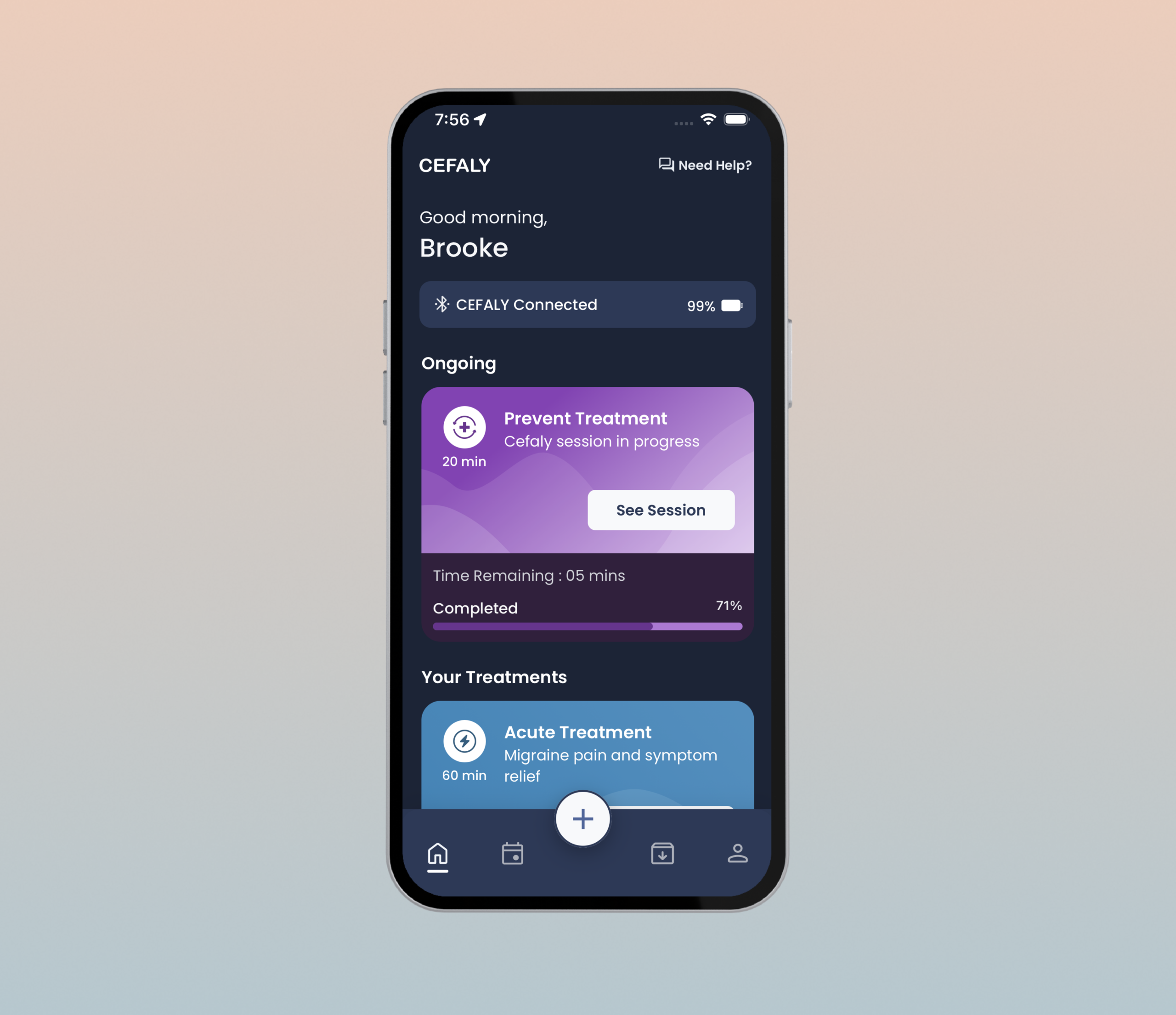 Cefaly app screen showing migraine treatment session controls.