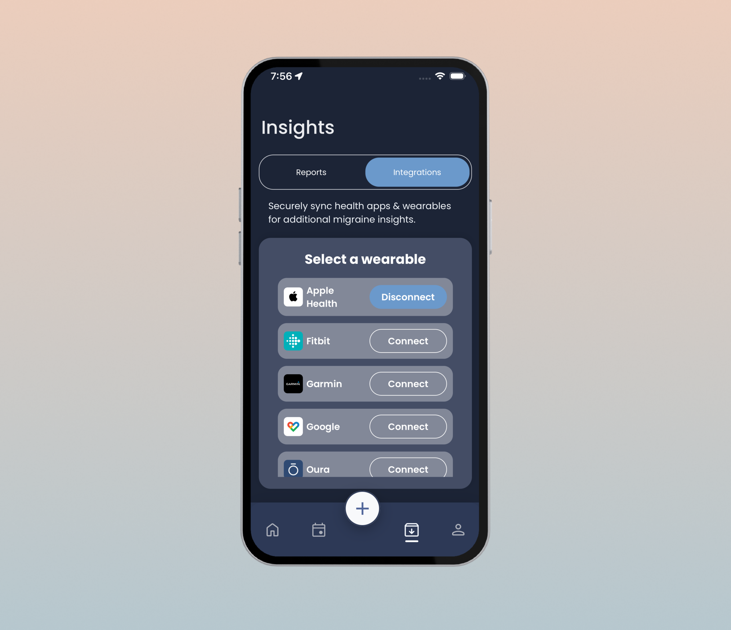 Cefaly app screen showing migraine tracking and session history.