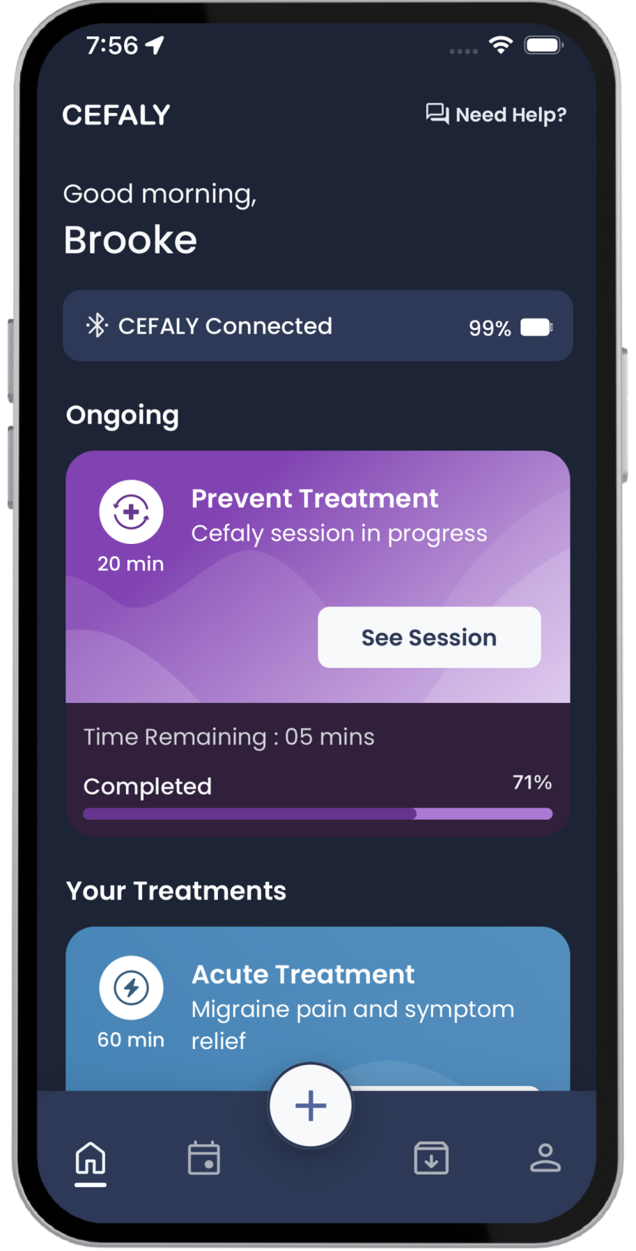Cefaly app screen showing acute migraine relief treatment mode.
